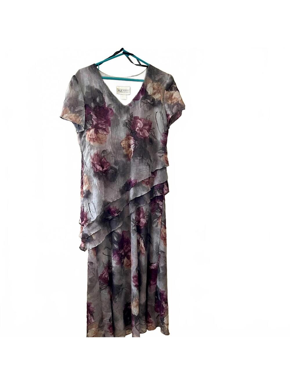 Jessica Howard Gray Purple Floral Dress Asymmetrical Hem Midi Wedding Guest